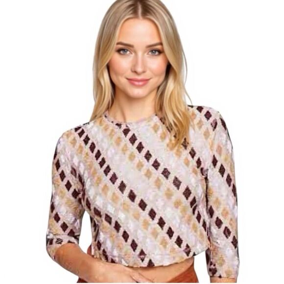 Free People 3/4 Sleeve Magic Carpet Chenille Diamond Textured Crop Top - Picture 1 of 6